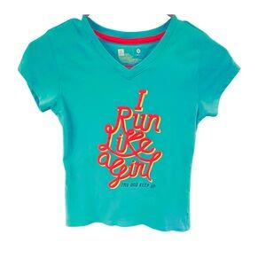 Girls NIKE Pink and Blue Short Sleeve Tee with Bold Graphic